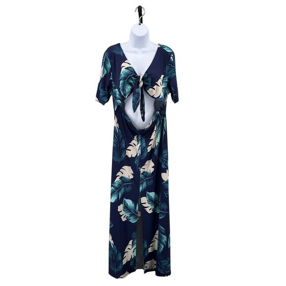 Venus Tropical Maxi Dress WMNS XL Blue Cutout V-neck Knot Front Slit Leaf Print - Picture 1 of 8